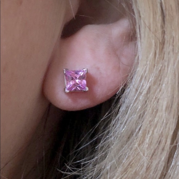 Real Solid 14K White Gold Princess Cut Pink Solitaire Gemstone Stud Earrings - Picture 3 of 12